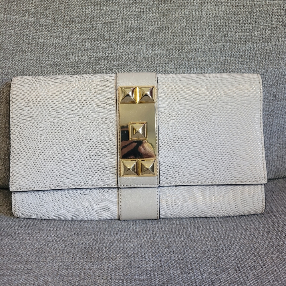 Vince Camuto Leather Snake Print Gold Glitter Clutch 11x6.5”